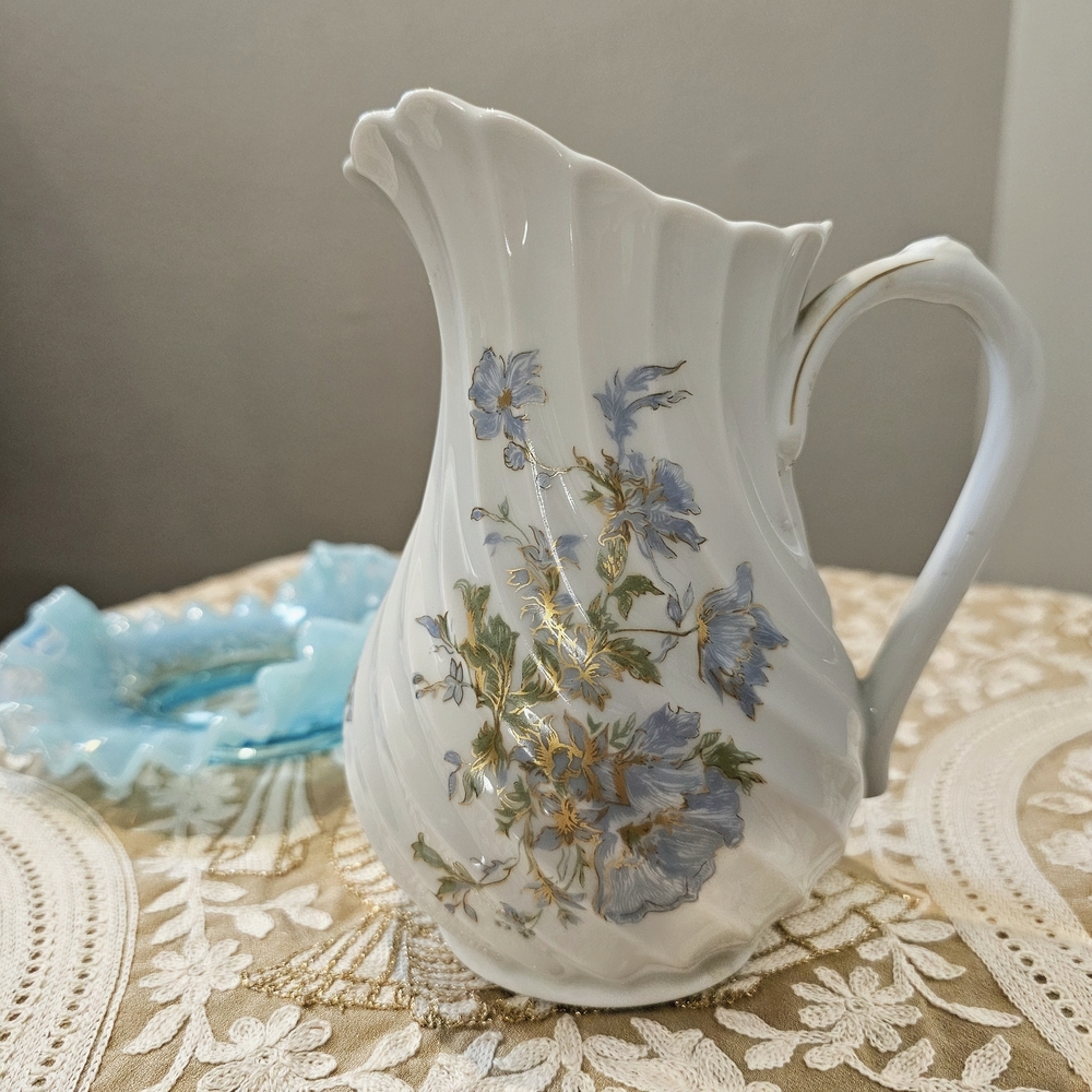 Haviland Limoges Blue Floral Swirled Pitcher with Gold Accents Margaux